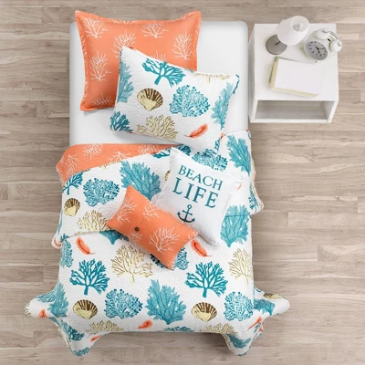 Coastal Reef Feather Reversible Quilt Set Blue/Coral - Lush Décor 1 Coastal Reef Feather Reversible Quilt Set Blue/Coral - Lush Décor