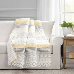 50"x60" Hygge Geo Reversible Cotton Throw Blanket Yellow/Gray - Lush Décor