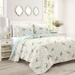 Lush Décor 3pc Botanical Bird And Flower Oversized Reversible Quilt Set White/Blue/Yellow -Home Decoration Promotion GUEST 32b47f22 5c17 41f3 a367 afe6413b5a6b