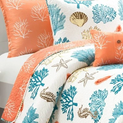 Coastal Reef Feather Reversible Quilt Set Blue/Coral - Lush Décor 3 Coastal Reef Feather Reversible Quilt Set Blue/Coral - Lush Décor - Image 3