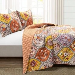 Lush Décor 3pc Bohemian Flower Reversible Oversized Cotton Quilt Set Orange/Lilac