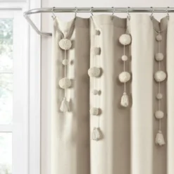 Boho Pom Pom Tassel Linen Single Shower Curtain - Lush Décor